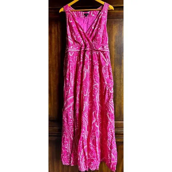 Talbots Maxi Dress 16 Pink Paisley Tiered Tie Back Breezy Coastal - Picture 2 of 9